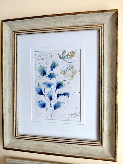Blue Leaves, Golden Air / Original Watercolor Abstract Floral Painting