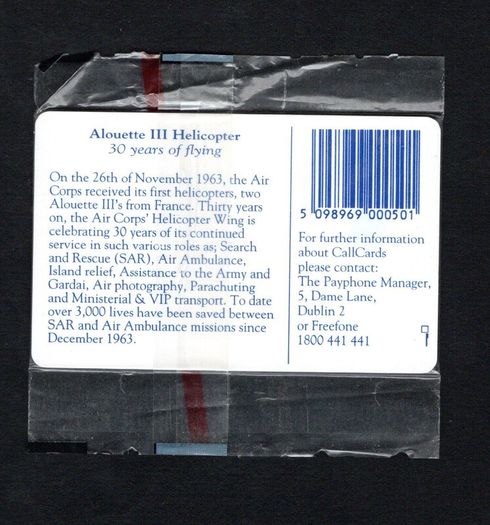 1994 Ireland 50 Unit 30th anniversary of the Aloutte 3 helicopter that was used by the Irish Air Corp Callcard (Gemplus GEM1) Call Card Mint in packaging