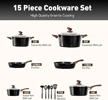 Kitchen Academy Non Stick Cookware, Pots Pans Sets with Lids 15PCS Black Induction Hob Pan Set, Saucepan Set, Granite Cookware, Nonstick Frying Pan, Cooking Pot Pancake Sets Non Toxic for All Hobs