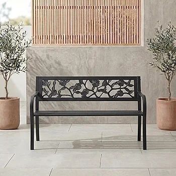 Steel Garden Bench, Rose Design 3 Seater Outdoor Furniture Seating Park Patio Seat