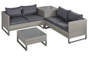 4 Pieces Rattan Garden Furniture Set, 4 Seater Garden Sofa Set with Storage Box, Loveseats and Glass Top Table, Wicker Outdoor Conservatory Furniture with Cushions for Outdoor, Patio, Grey