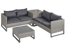 4 Pieces Rattan Garden Furniture Set, 4 Seater Garden Sofa Set with Storage Box, Loveseats and Glass Top Table, Wicker Outdoor Conservatory Furniture with Cushions for Outdoor, Patio, Grey