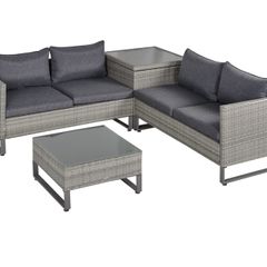 4 Pieces Rattan Garden Furniture Set, 4 Seater Garden Sofa Set with Storage Box, Loveseats and Glass Top Table, Wicker Outdoor Conservatory Furniture with Cushions for Outdoor, Patio, Grey
