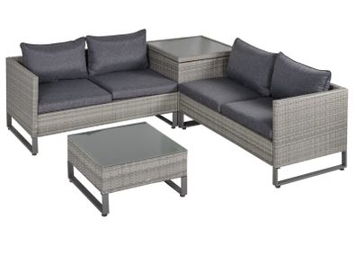 4 Pieces Rattan Garden Furniture Set, 4 Seater Garden Sofa Set with Storage Box, Loveseats and Glass Top Table, Wicker Outdoor Conservatory Furniture with Cushions for Outdoor, Patio, Grey