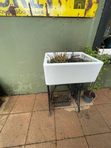 3 belfast sinks and antique stone trough