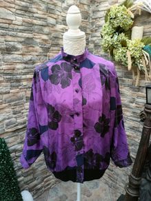 vintage 80s purple and black floral blouse made in Ireland