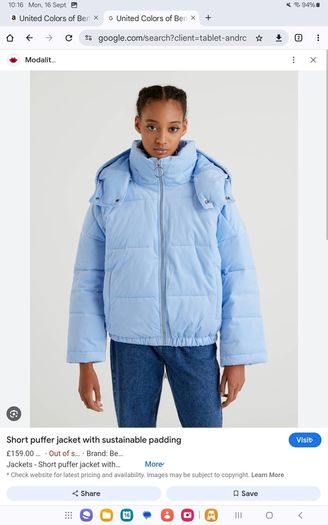 Stunning Benetton Jacket - Light Blue - Size XS Fits UK 10, 12 - BNWT RRP 159