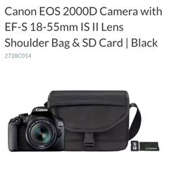 Canon EOS 2000D DSLR with EFS 18-55 lens, shoulder bag and memory card