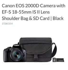 Canon EOS 2000D DSLR with EFS 18-55 lens, shoulder bag and memory card