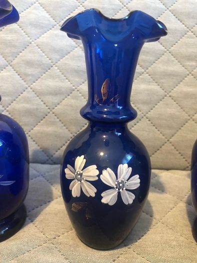 Czech Crystalex Cobalt Blue Vase Hand Painted White Flowers Vintage