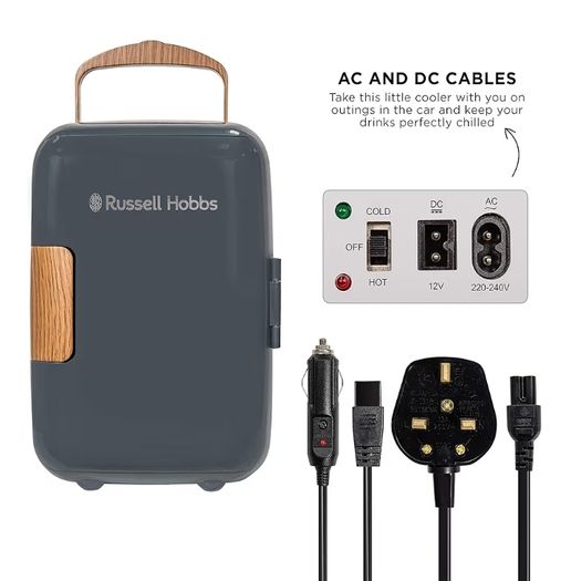 Mini Portable Cooler & Warmer for Drinks, Cosmetics/Makeup/Skincare, AC/DC Power, Scandi Style, Grey & Wood Effect, For Bedroom, Home, Caravan, Car