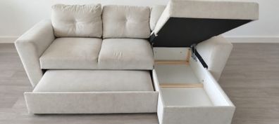 Light Beige Corner Sofa Bed with Storage