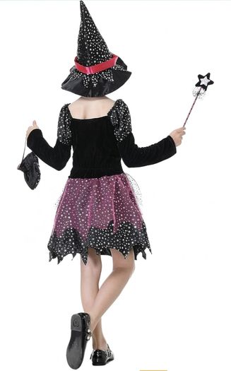 Dazzling Kids Witch Dress with Hat, Wand, and Candy Bag for 7-9 and 5-6 Years old