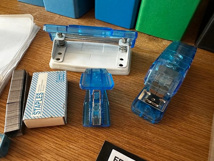 Lot stationery office school supplies - lever arch folders, plastic pockets, coloured pencils, stapler