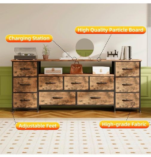Tv Cabinet, Dresser for Bedroom with 11 Fabric Drawers, TV Stand with Power Socket for TVs up to 70 inch TV Units for Living Room, Bedroom, Rustic Brown