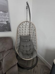 Hanging Egg Chair with Stand & Grey Cushions