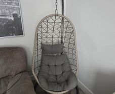 Hanging Egg Chair with Stand & Grey Cushions