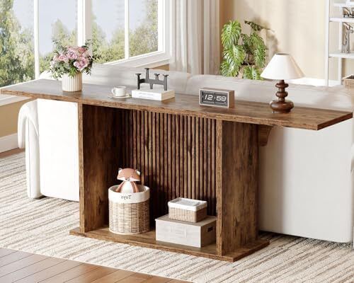 Farmhouse Console Table, 180cm Extra Long 2-Tier Sofa Table, Rustic Brown Wooden