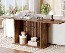 Farmhouse Console Table, 180cm Extra Long 2-Tier Sofa Table, Rustic Brown Wooden