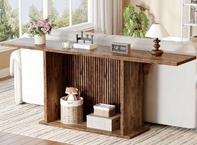 Farmhouse Console Table, 180cm Extra Long 2-Tier Sofa Table, Rustic Brown Wooden