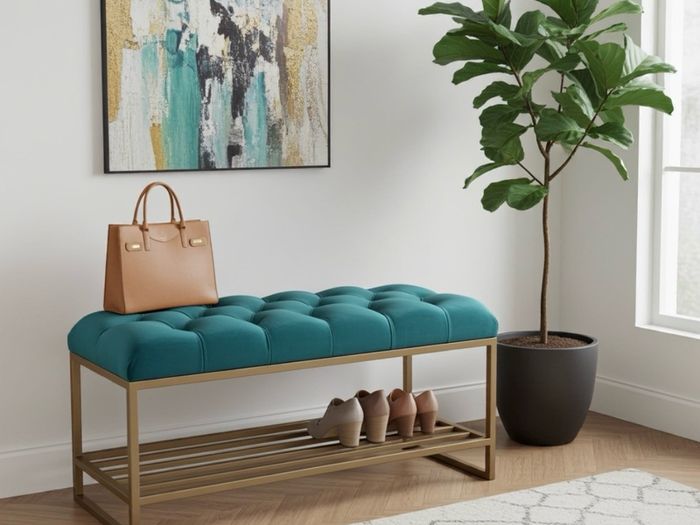 Teal Velvet Upholstered Bench with Gold Metal Shoe Rack