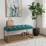 Teal Velvet Upholstered Bench with Gold Metal Shoe Rack Image 3