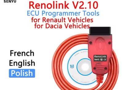 2024 Latest Version Renolink V2.10 OBD2 Diagnostic Cable Tools Airbag ECM UCH Key Code ECU Reset Programmer USB Interface for Renault Dacia , multi language Polish , English French