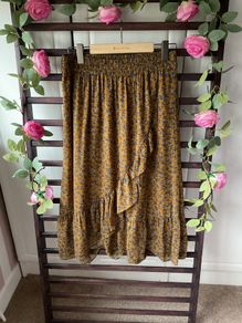 Bnwot fransa mustard/olive pattern shirt size small wrap effect frilled detail