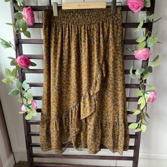 Bnwot fransa mustard/olive pattern shirt size small wrap effect frilled detail