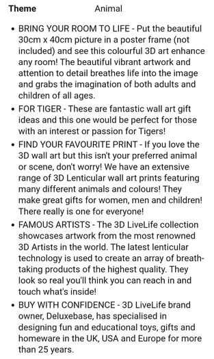 3D LiveLife Lenticular Wall Art Prints - Aloof From Deluxe Base - Unframed 3D Tiger - Size - 40cm x 30cm - RRP - 18.99