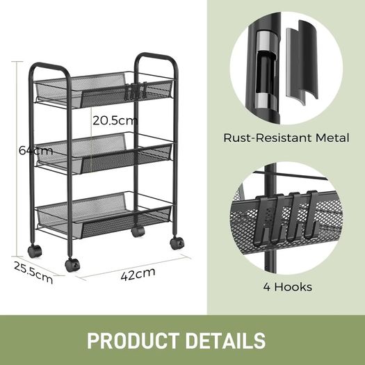 Brand New WELDUN Kitchen Trolley with 3 Tiers, Metal Shelf on Wheels with Handle.