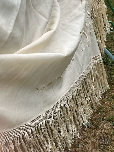 Antique Silk twill cream shawl embroidered deep fringe