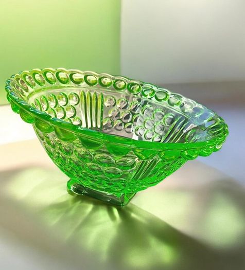 Antique 20th Century Green Uranium Glass Inverted Thistle Bowl UV Reactive  Description