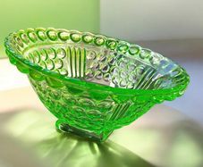 Antique 20th Century Green Uranium Glass Inverted Thistle Bowl UV Reactive  Description
