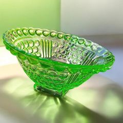 Antique 20th Century Green Uranium Glass Inverted Thistle Bowl UV Reactive  Description