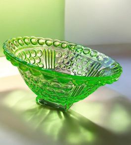 Antique 20th Century Green Uranium Glass Inverted Thistle Bowl UV Reactive  Description