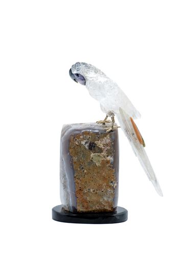 Elegant Crystal Macaw Figurine, Amethyst & Clear Stone, Home Decor Bird Sculpture, Unique Housewarming Gift
