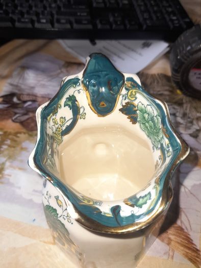 Beautiful Old Mason Jug, England, Chartreuse pattern, teal, green and gilt floral chinoiserie decoration shaped rim and scroll handle mid 20th century