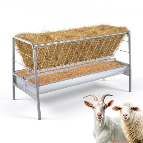 Livestock Hay Feeder, 2 in 1 Grain & Hay Feeder, 300L Capacity, 147 cm Long Goat Pasture Feeding with Deeper Feeding Pan, Heavy Duty Steel Grain Holder for Sheep Sheds, Farms, Horse Barns, Yards