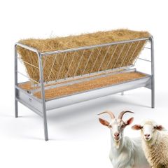 Livestock Hay Feeder, 2 in 1 Grain & Hay Feeder, 300L Capacity, 147 cm Long Goat Pasture Feeding with Deeper Feeding Pan, Heavy Duty Steel Grain Holder for Sheep Sheds, Farms, Horse Barns, Yards