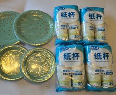 Unused paper plates and cups