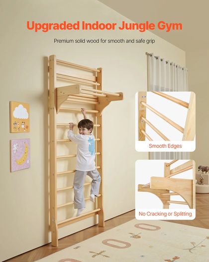 Swedish Ladder Wall Gym, 10-Level Solid Wood Indoor Jungle Gym, 220lbs Loading Indoor Playground Climbing Ladder for Kid Adults, Gymnastic Stall Bars with Pull-Up Bar - Ideal Gift for Boys Girls