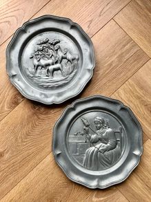 Pair Vintage German 95% Pewter 3D Relief Wall Plates - Angel Mark