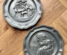 Pair Vintage German 95% Pewter 3D Relief Wall Plates - Angel Mark