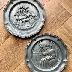 Pair Vintage German 95% Pewter 3D Relief Wall Plates - Angel Mark
