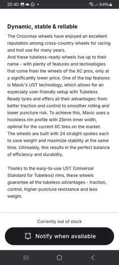 mavic Crossmax Disc 29' front wheel 15x110mm boost with/without trye