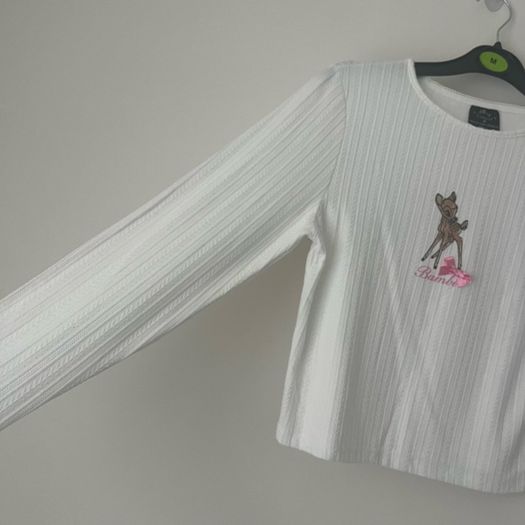 Disney Classics x Primark Bambi Ribbed Long Sleeve White Crop Top -  Size M