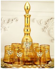 Vintage Venetian Murano Amber Glass Decanter Set