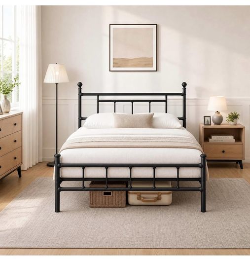 4ft6 Double Bed Frame Heavy Duty Steel Bed with Headboard and Footboard Black Metal Slat Support and 32cm Underbed Storage Space Easy Assembly, No Box Spring Needed, Platform Noise-Free