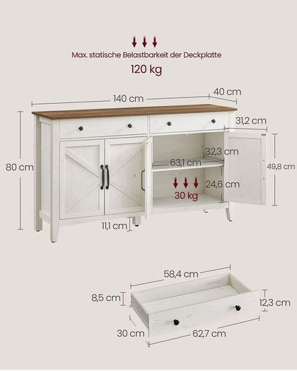 Vintage Country House Sideboard  Elegant Storage Cabinet with Sliding Doors, Adjustable Shelves, and Spacious Drawers